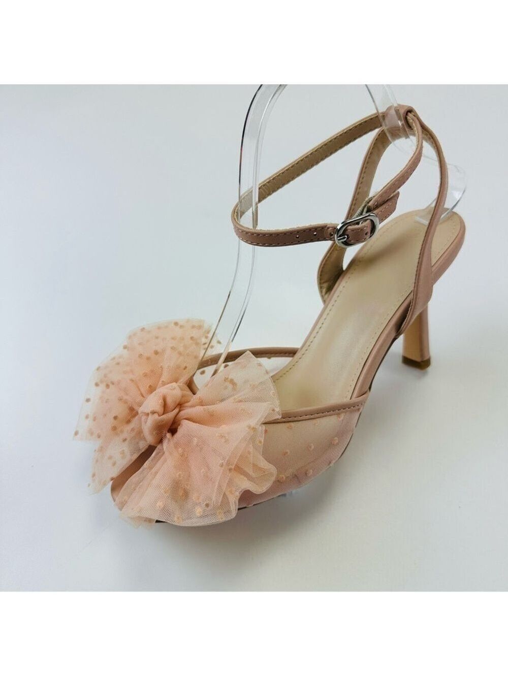 Coquettish pinky peach Swiss dot bow nude ankle strap heels Size 8.5 Romantic